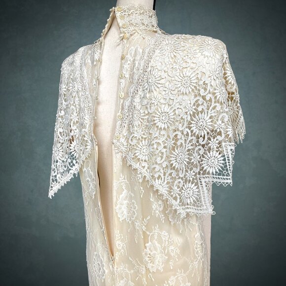 VTG 80s JESSICA MCCLINTOCK Ivory Lace Victorian Style Wedding Dress High Neck 6 - Picture 6 of 12